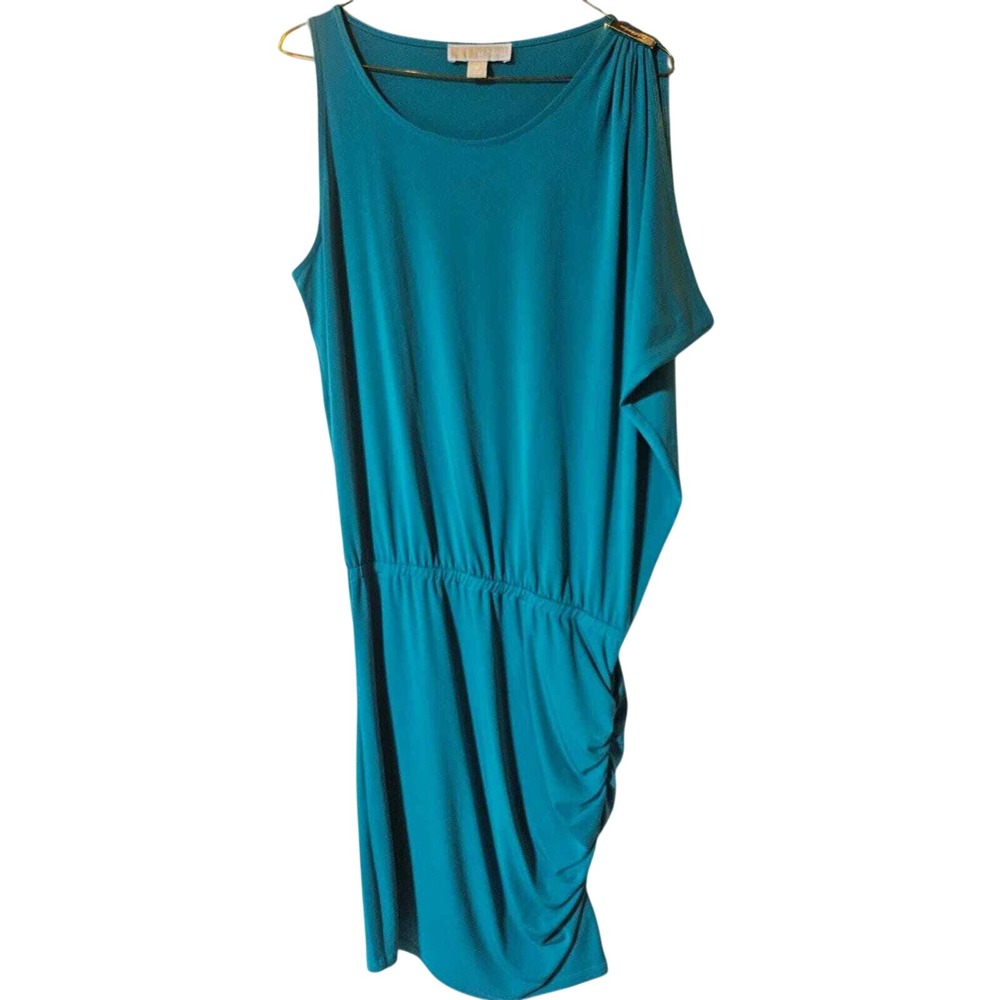 Michael Michael‎ Kors Teal Asymmetric Draped Ruched Blouson Dress Gold Detail M
